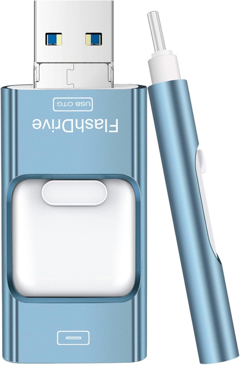 Zamst Thumb Drive for iPhone 128GB, 4 in 1 USB Type C Memory Stick, Photo Stick External Storage Falsh Drive for iPhone iPad Android Computer, Sky Blue - Image 1